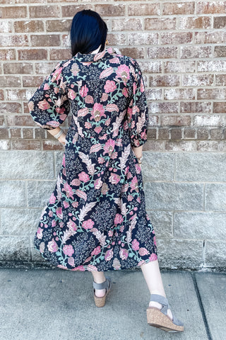 Umgee black mix floral midi collared dress with 3/4 puff sleeves K0945 WK0945