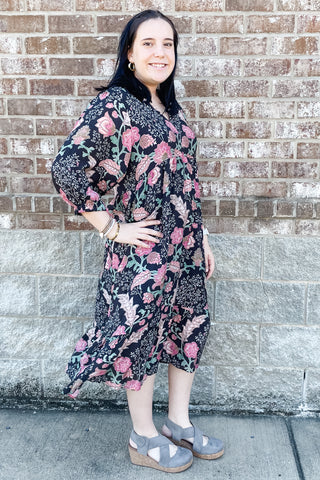 Umgee black mix floral midi collared dress with 3/4 puff sleeves K0945 WK0945