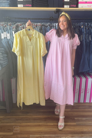 Umgee gingham midi dress short puff sleeves front view C6338 both colors
