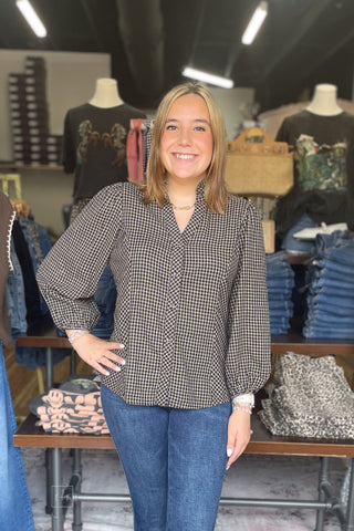 Umgee Grey Plaid Long Balloon Sleeve Cotton Button Front Shirt Mandarin Collar C6571 front view