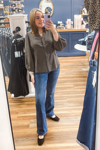 Umgee Grey Plaid Long Balloon Sleeve Cotton Button Front Shirt Mandarin Collar C6571 mirror selfie
