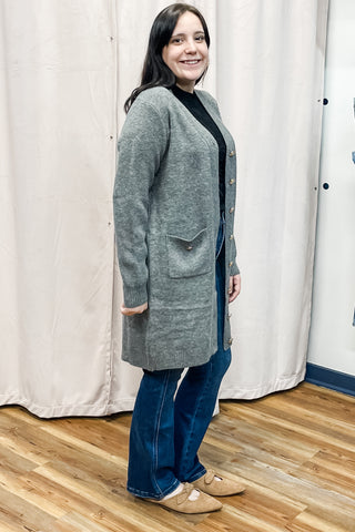 Umgee charcoal long dress cardigan with gold tone buttons and pockets CS5478