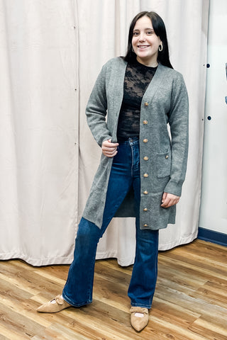 Umgee charcoal long dress cardigan with gold tone buttons and pockets CS5478