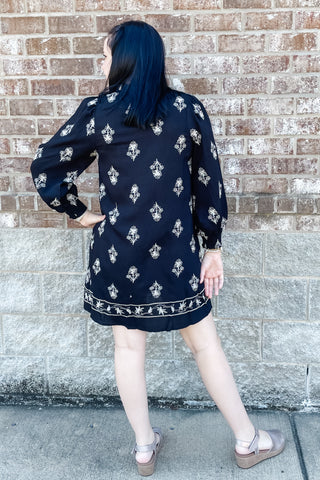 Umgee Long Sleeve Black Shift Mini Dress with Floral Embroidery K0876 WK0876