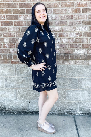 Umgee Long Sleeve Black Shift Mini Dress with Floral Embroidery K0876 WK0876