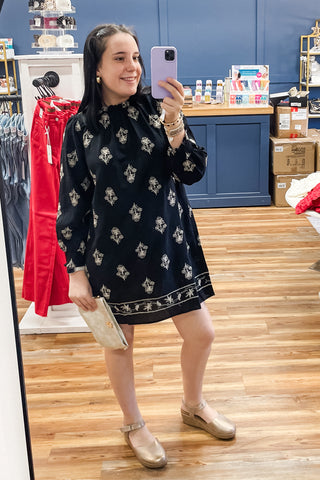 Umgee Long Sleeve Black Shift Mini Dress with Floral Embroidery K0876 WK0876