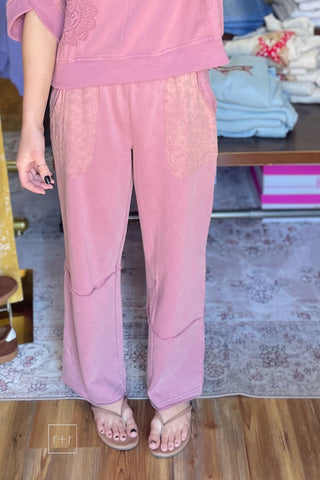 Umgee Red Bean Mineral Washed Sweatpants Wide Leg Elastic Waist N7121 front view