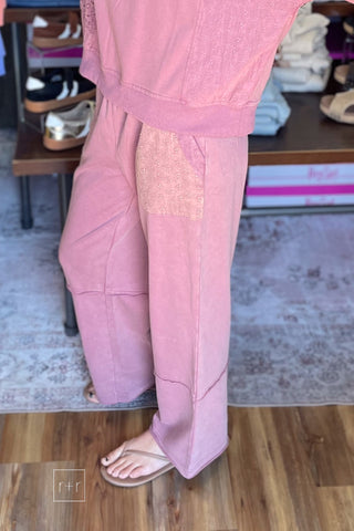 Umgee Red Bean Mineral Washed Sweatpants Wide Leg Elastic Waist N7121 side view