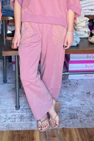 Umgee Red Bean Mineral Washed Sweatpants Wide Leg Elastic Waist N7121 front view