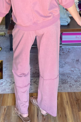 Umgee Red Bean Mineral Washed Sweatpants Wide Leg Elastic Waist N7121 back view