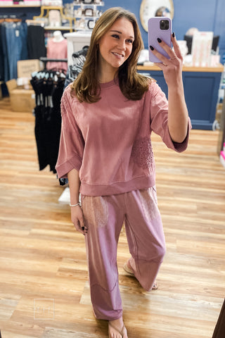 Umgee Red Bean Mineral Wash Dolman Sleeve Sweatshirt Lace Patch N7057 mirror selfie