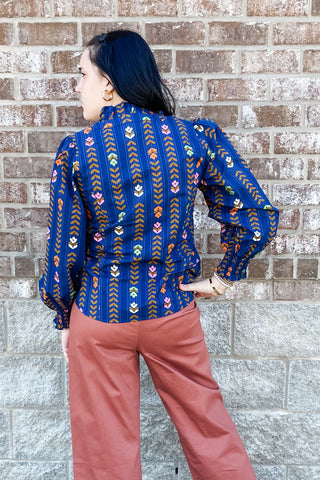 Umgee Blue Midnight Mix Floral Stripe Long Sleeve Cotton Blouse with ruffle collar and smocked cuffs C5305 WC5305