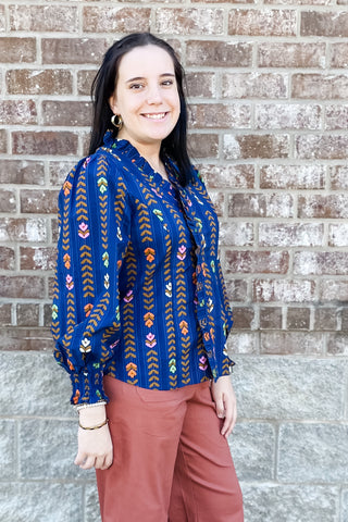 Umgee Blue Midnight Mix Floral Stripe Long Sleeve Cotton Blouse with ruffle collar and smocked cuffs C5305 WC5305