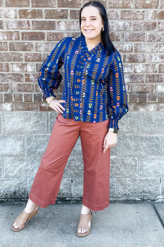 Umgee Blue Midnight Mix Floral Stripe Long Sleeve Cotton Blouse with ruffle collar and smocked cuffs C5305 WC5305