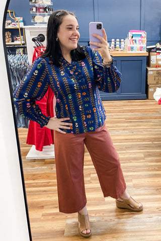 Umgee Blue Midnight Mix Floral Stripe Long Sleeve Cotton Blouse with ruffle collar and smocked cuffs C5305 WC5305