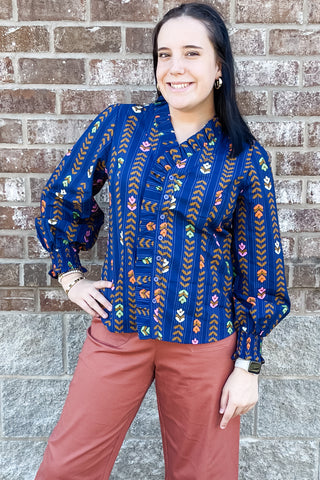 Umgee Blue Midnight Mix Floral Stripe Long Sleeve Cotton Blouse with ruffle collar and smocked cuffs C5305 WC5305