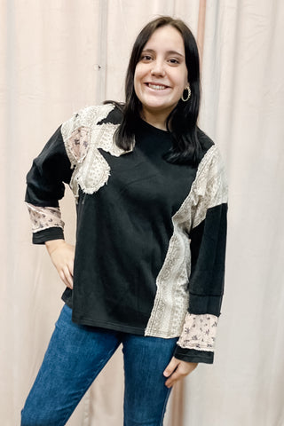 Umgee Ash Mineral Wash French Terry Sweatshirt with Contrast Patchwork K0764 WK0764