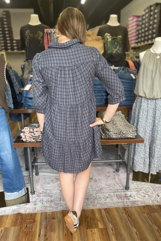 Umgee Navy Plaid Oversized Button Down Shirt Dress N7019 back view