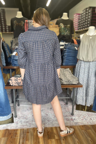 Umgee Navy Plaid Oversized Button Down Shirt Dress N7019 back view