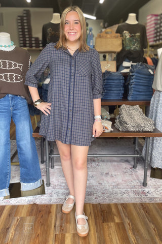Umgee Navy Plaid Oversized Button Down Shirt Dress N7019 front view