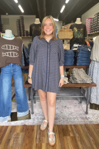 Umgee Navy Plaid Oversized Button Down Shirt Dress N7019 front view