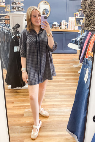 Umgee Navy Plaid Oversized Button Down Shirt Dress N7019 mirror selfie