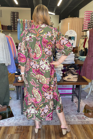 Umgee olive paisley midi dress K0645 with 3/4 cuff sleeves and a lined tiered skirt, paired with the Corkys Knot Gonna Happen gold pointy toe heeled mule.