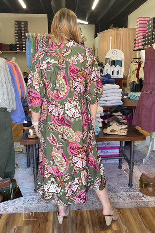Full-length look at the Umgee olive paisley tiered midi dress K0645, a fall dress for church, weddings and family photos, styled with Corkys Knot Gonna Happen gold mules.
