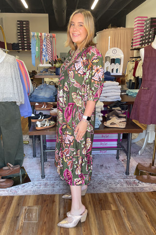 Umgee olive paisley tiered midi dress K0645 with a magenta and gold floral print, styled for fall with the Corkys Knot Gonna Happen gold pointy toe heeled mule.