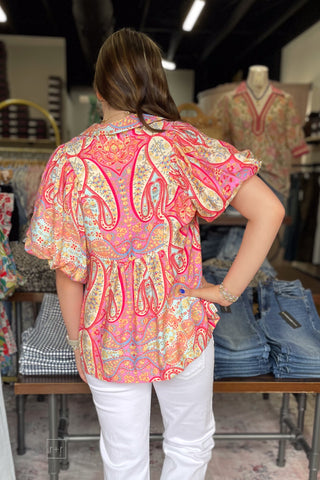 Umgee Pink Mix Paisley Print Short Puff Sleeve Blouse D1130 back view