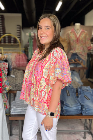 Umgee Pink Mix Paisley Print Short Puff Sleeve Blouse D1130 side view