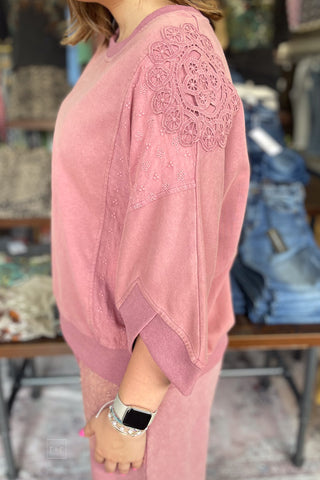 Umgee Red Bean Mineral Wash Dolman Sleeve Sweatshirt Lace Patch N7057 sleeve detail