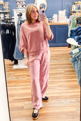 Umgee Red Bean Mineral Wash Dolman Sleeve Sweatshirt Lace Patch N7057 mirror selfie