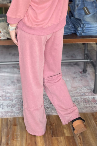 Umgee Red Bean Mineral Washed Sweatpants Wide Leg Elastic Waist N7121 back view