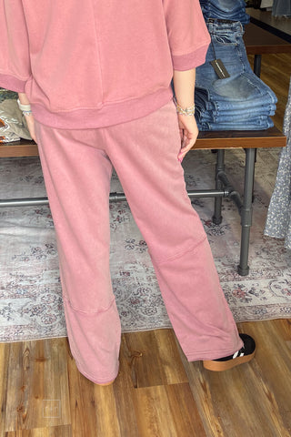 Umgee Red Bean Mineral Washed Sweatpants Wide Leg Elastic Waist N7121 back view
