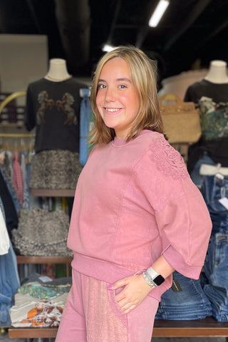 Umgee Red Bean Mineral Wash Dolman Sleeve Sweatshirt Lace Patch N7057 side view