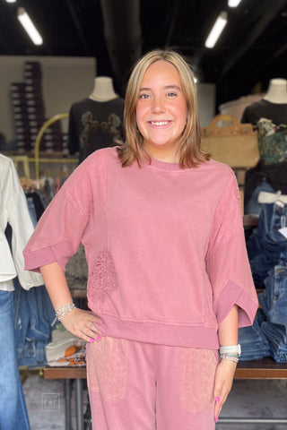 Umgee Red Bean Mineral Wash Dolman Sleeve Sweatshirt Lace Patch N7057 front view