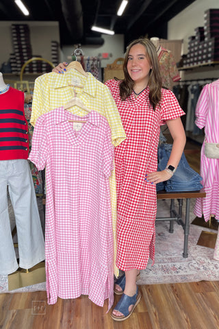 Umgee gingham midi dress short puff sleeves front view C6338 all colors