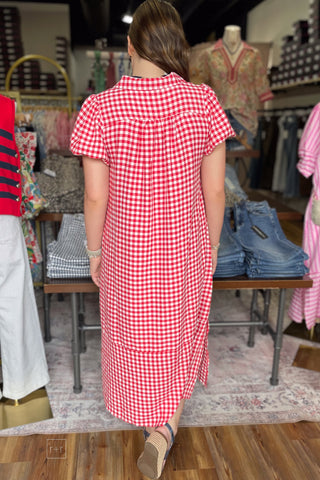 Umgee red gingham midi dress short puff sleeves back view C6338
