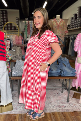 Umgee red gingham midi dress short puff sleeves side view C6338