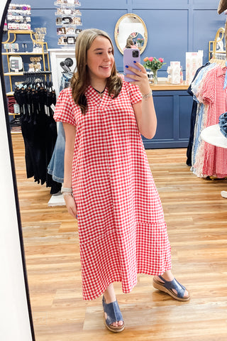 Umgee red gingham midi dress short puff sleeves mirror selfie C6338
