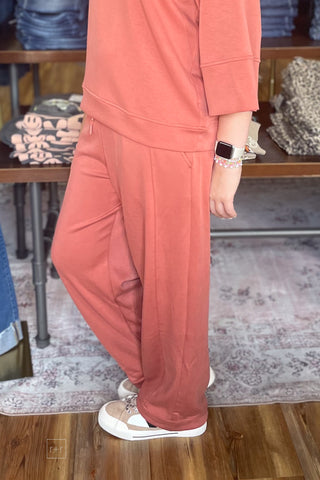 Mohme by Umgee Cupro Wide Leg Elastic Waist Terracotta H1219 side view