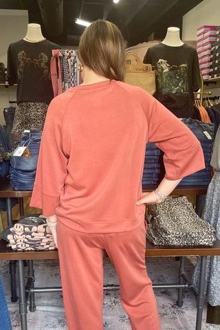 Mohme by Umgee Cupro Raglan Pullover Top Terracotta H1219 back view