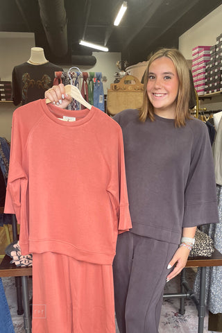 Mohme by Umgee Cupro Raglan Pullover Top Terracotta or Charcoal H1219 cover shot showing available colors