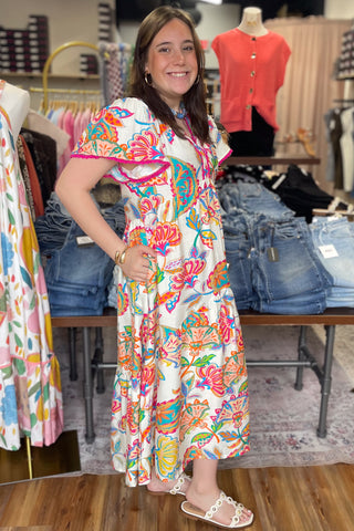 Umgee cream mix tiered midi dress bold floral botanical print fuchsia trim flutter shorts sleeves K1864
