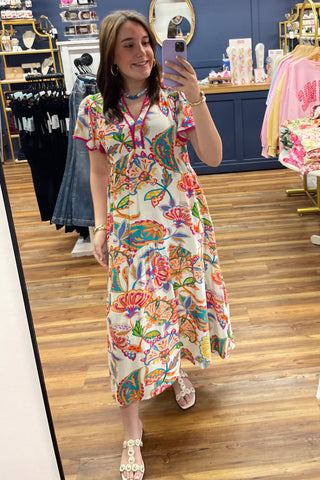 Umgee cream mix tiered midi dress bold floral botanical print fuchsia trim flutter shorts sleeves K1864