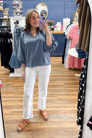 Umgee Steel Blue Textured Blouse Puff Sleeves C5060 mirror selfie