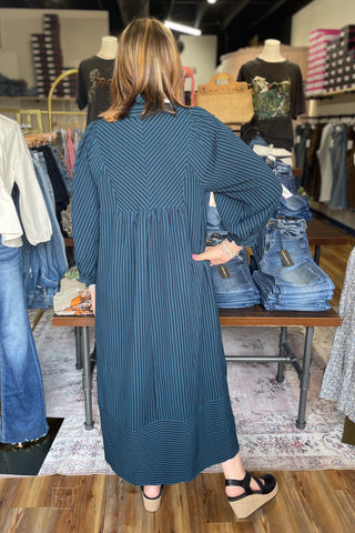 Umgee teal striped seersucker midi dress with mandarin collar C6534 back view