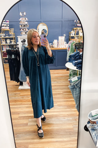 Umgee teal striped seersucker midi dress with mandarin collar C6534 mirror selfie