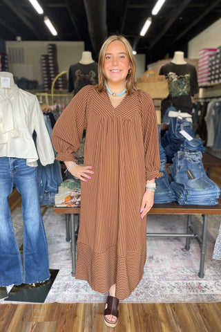 Umgee cappuccino brown striped seersucker midi dress with mandarin collar C6534 front view